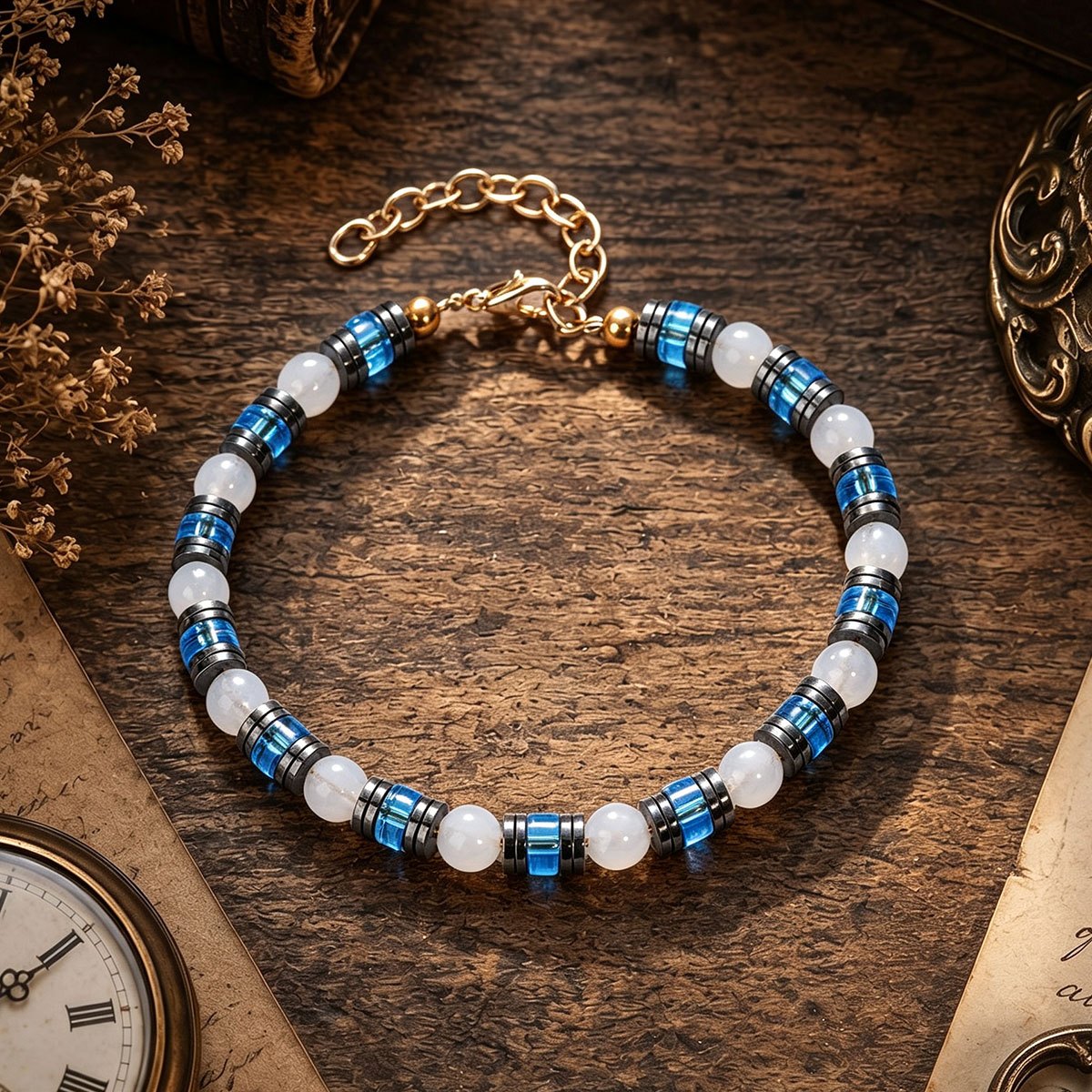 Moonstone Bead Bracelet with Adjustable Golden Chain